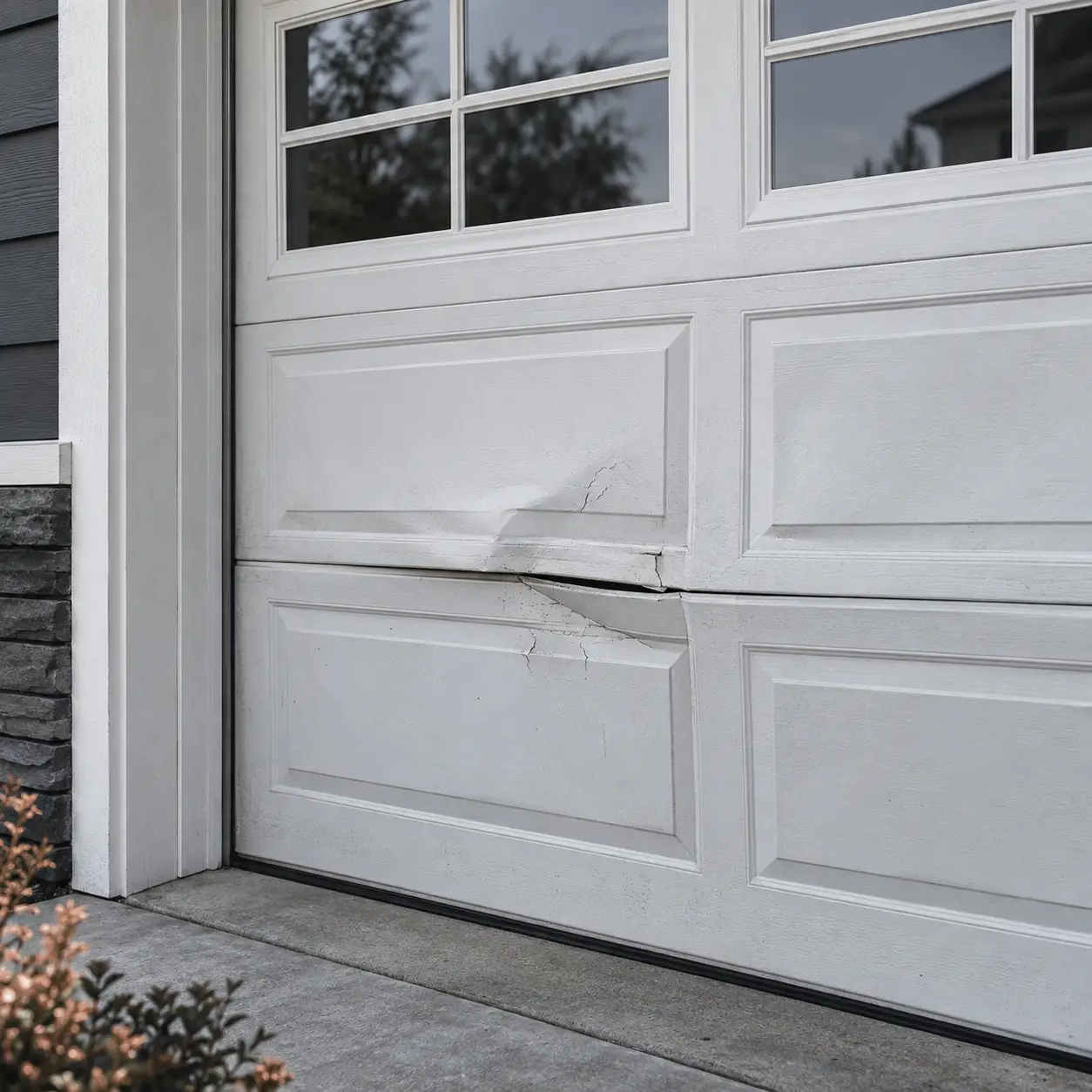 Damaged garage door before repair in South Houston TX