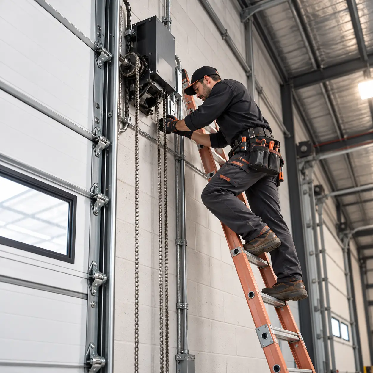 Technician inspecting a commercial overhead door and its operating hardware