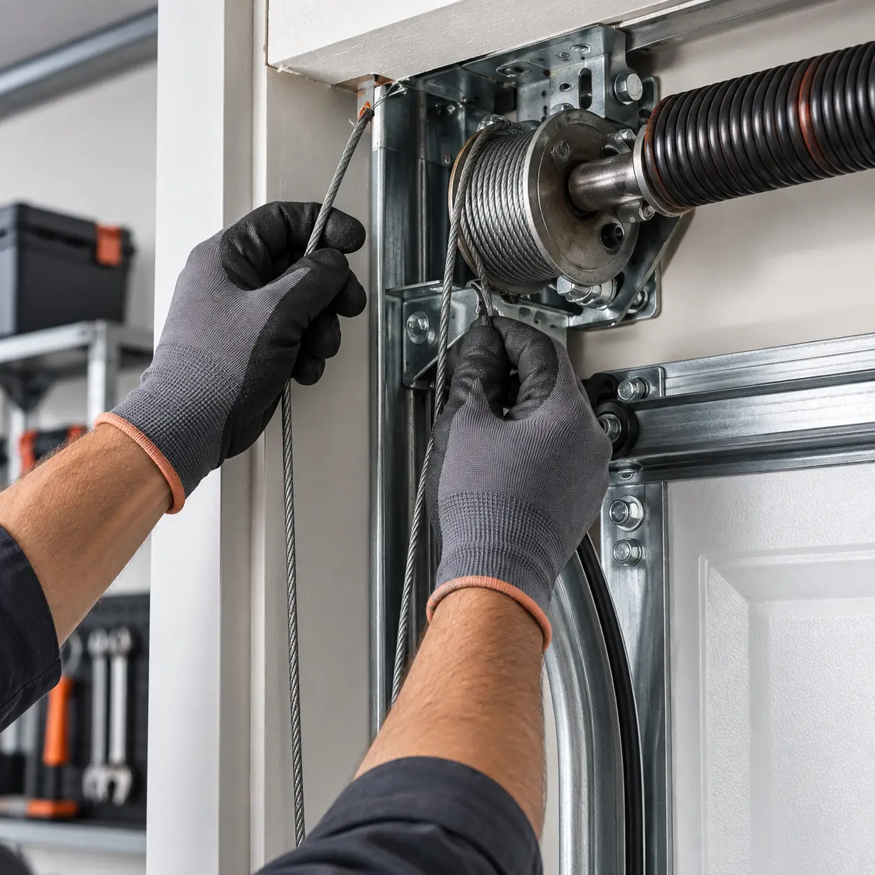 Technician inspecting garage door lift cables for fraying, corrosion, and unusual slack