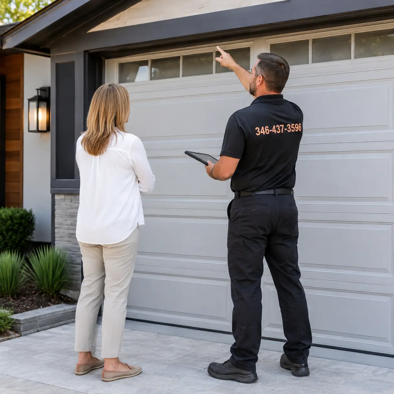 Technician performing preventive garage door inspection in South Houston TX