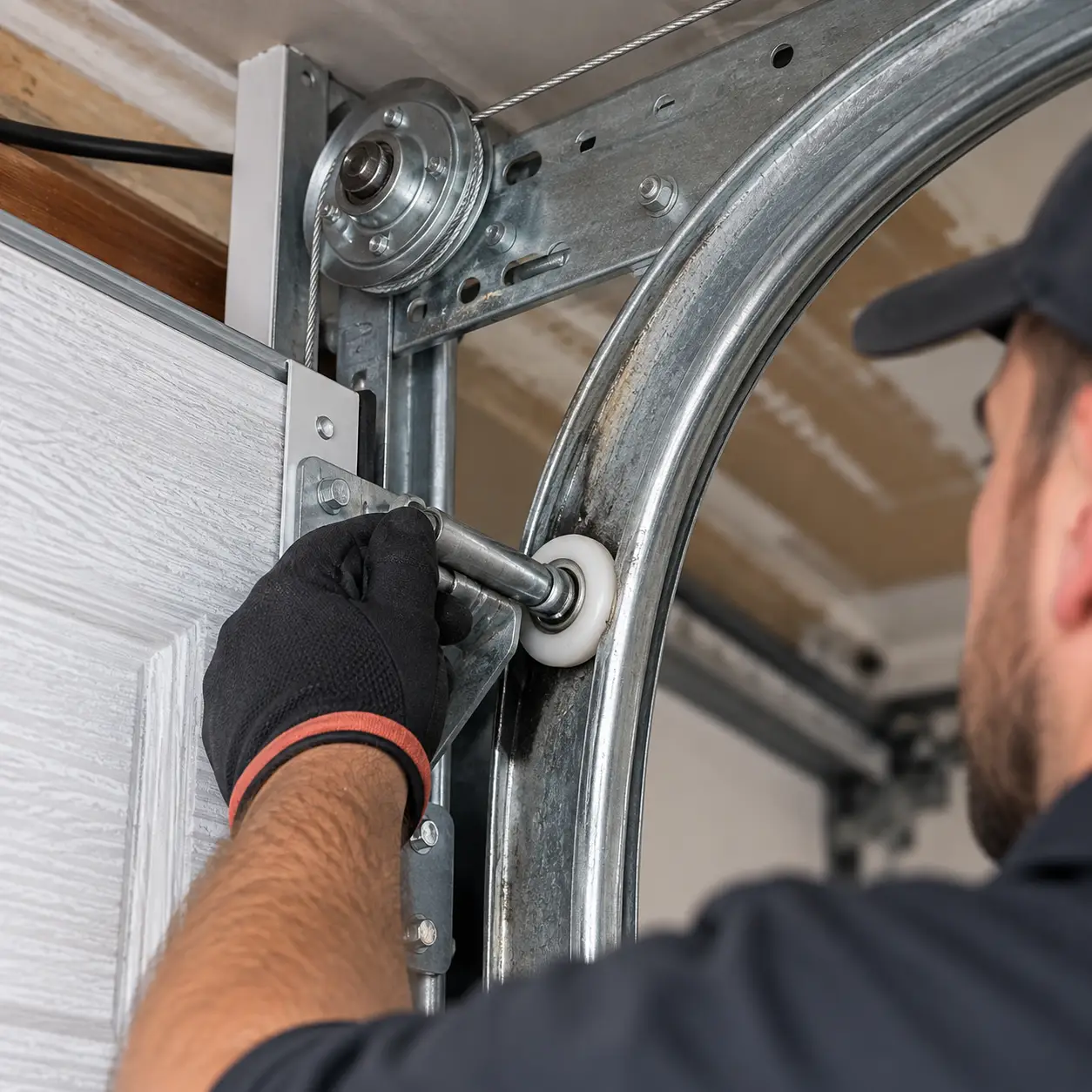 Technician inspecting garage door rollers, tracks, and connected hinge hardware