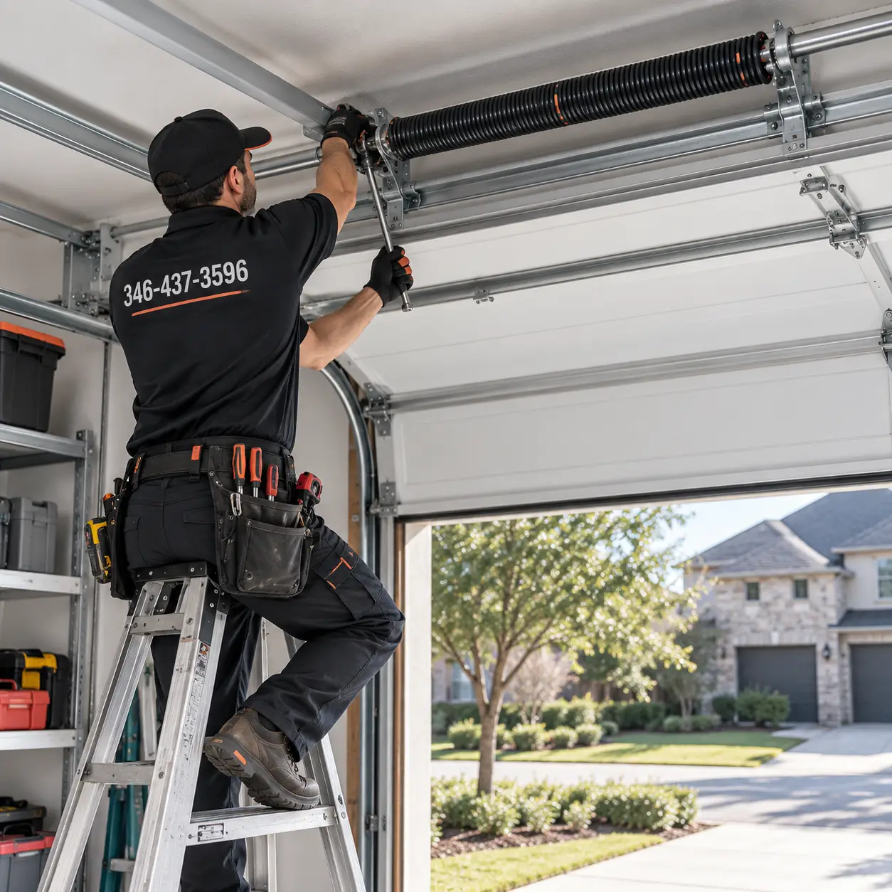 Residential garage door technician inspecting springs cables rollers tracks and opener components