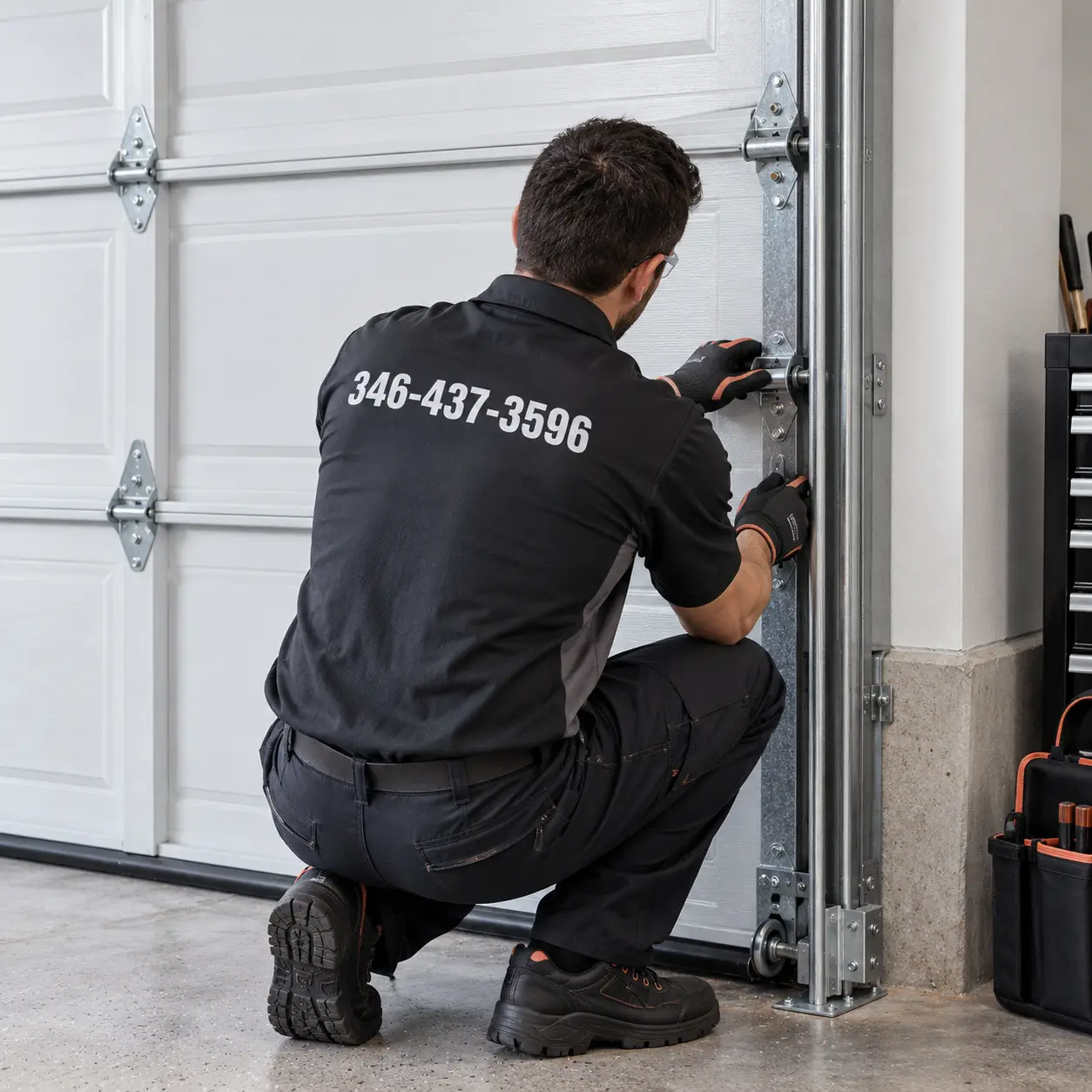 Technician inspecting garage door panel hinges, rollers, and alignment