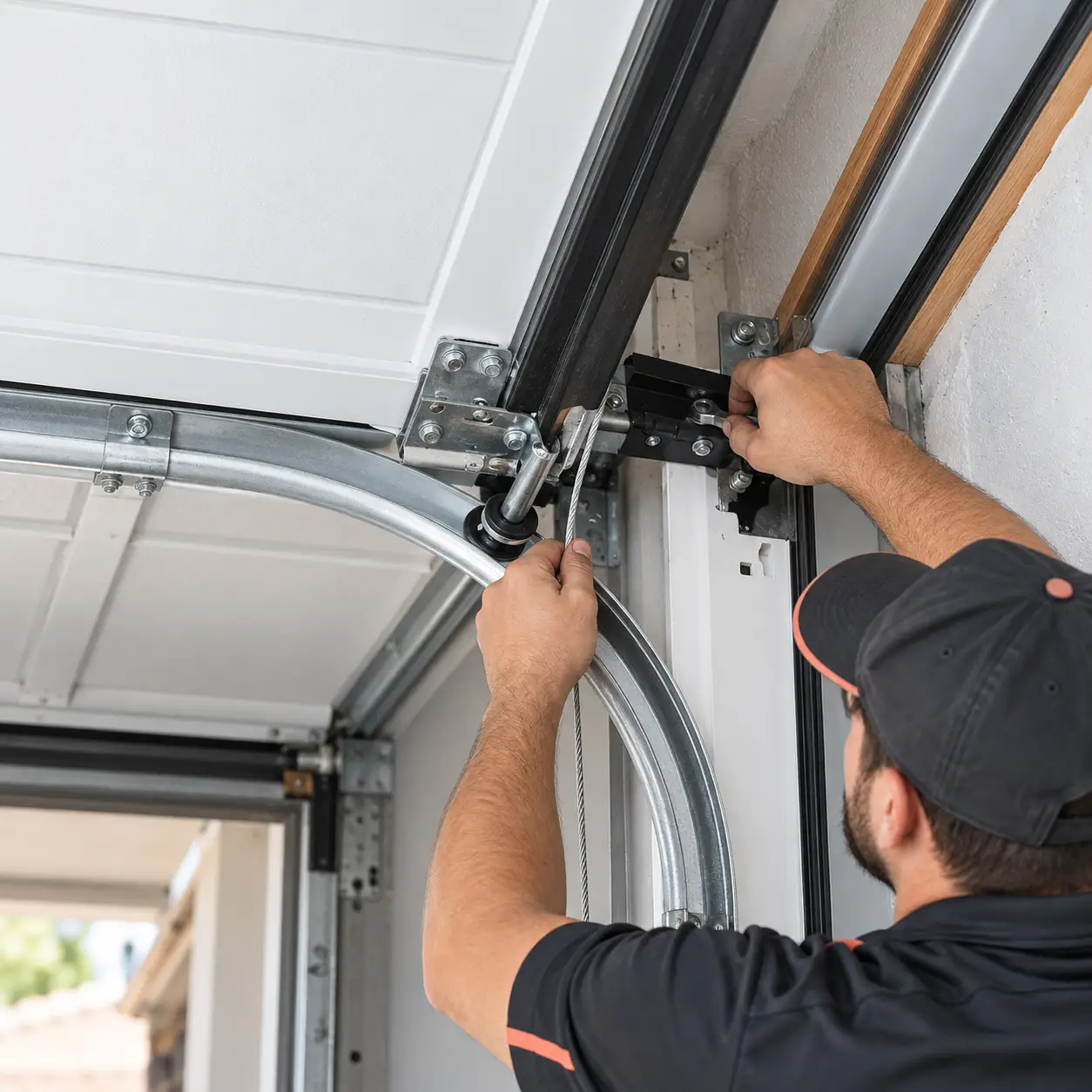Residential garage door roller and track system inspected for smooth quiet movement