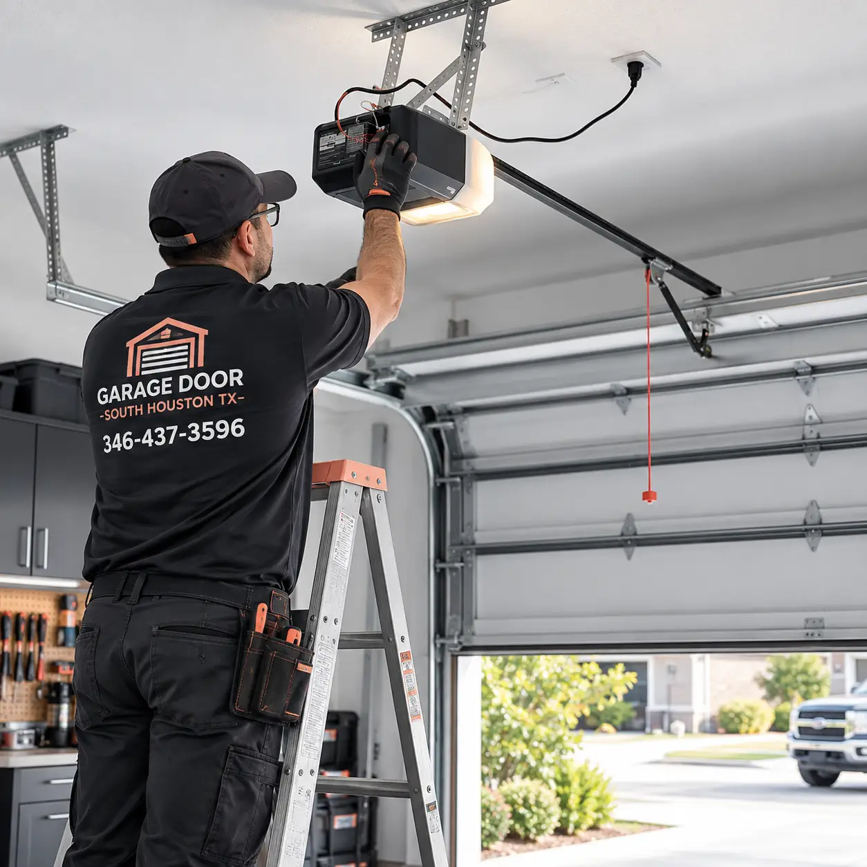 Technician evaluating a garage door opener for repair or replacement in South Houston TX