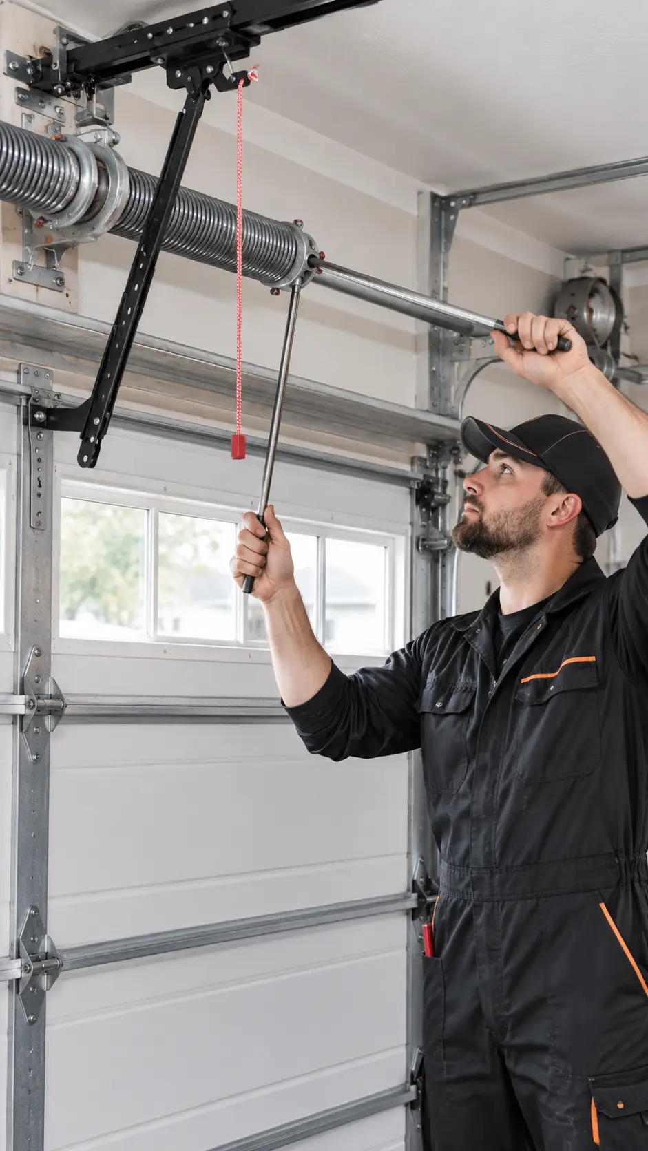 Residential garage door torsion spring and lifting system inspected from inside a home garage