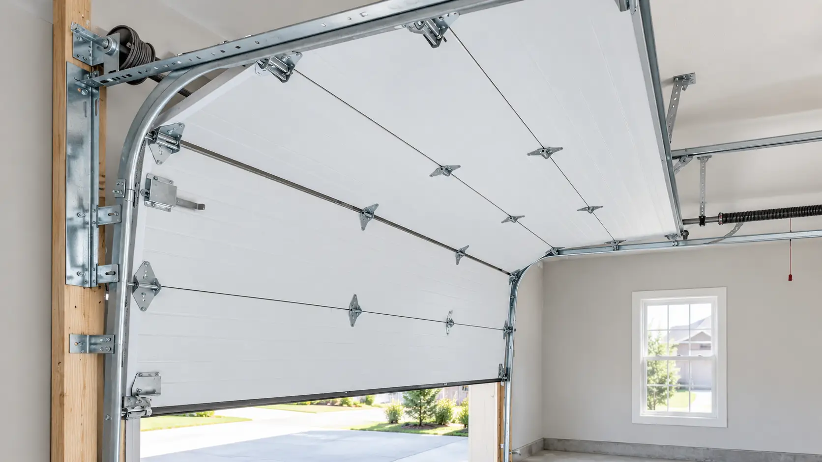 Residential garage door lift cables rollers and tracks showing the door guidance system