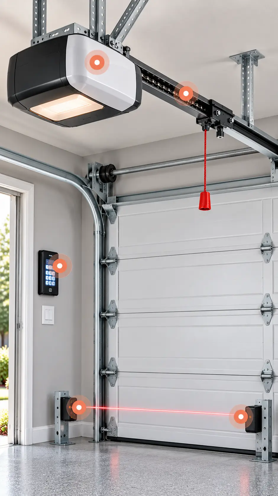 Residential garage door opener motor rail drive system and safety sensors
