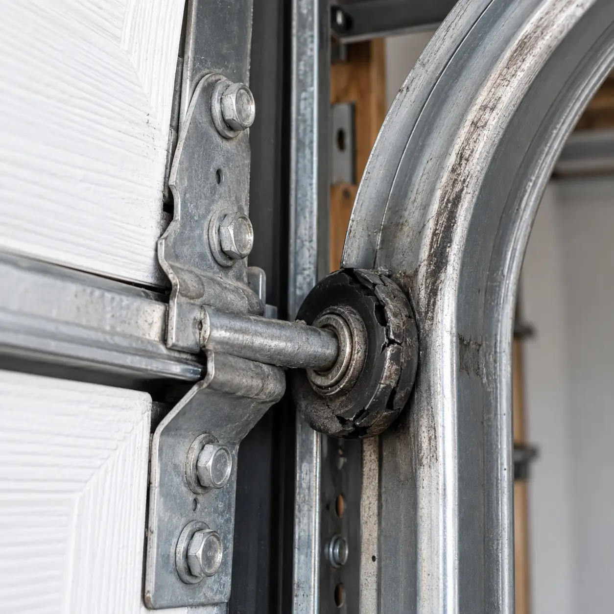 Damaged garage door before repair in South Houston TX