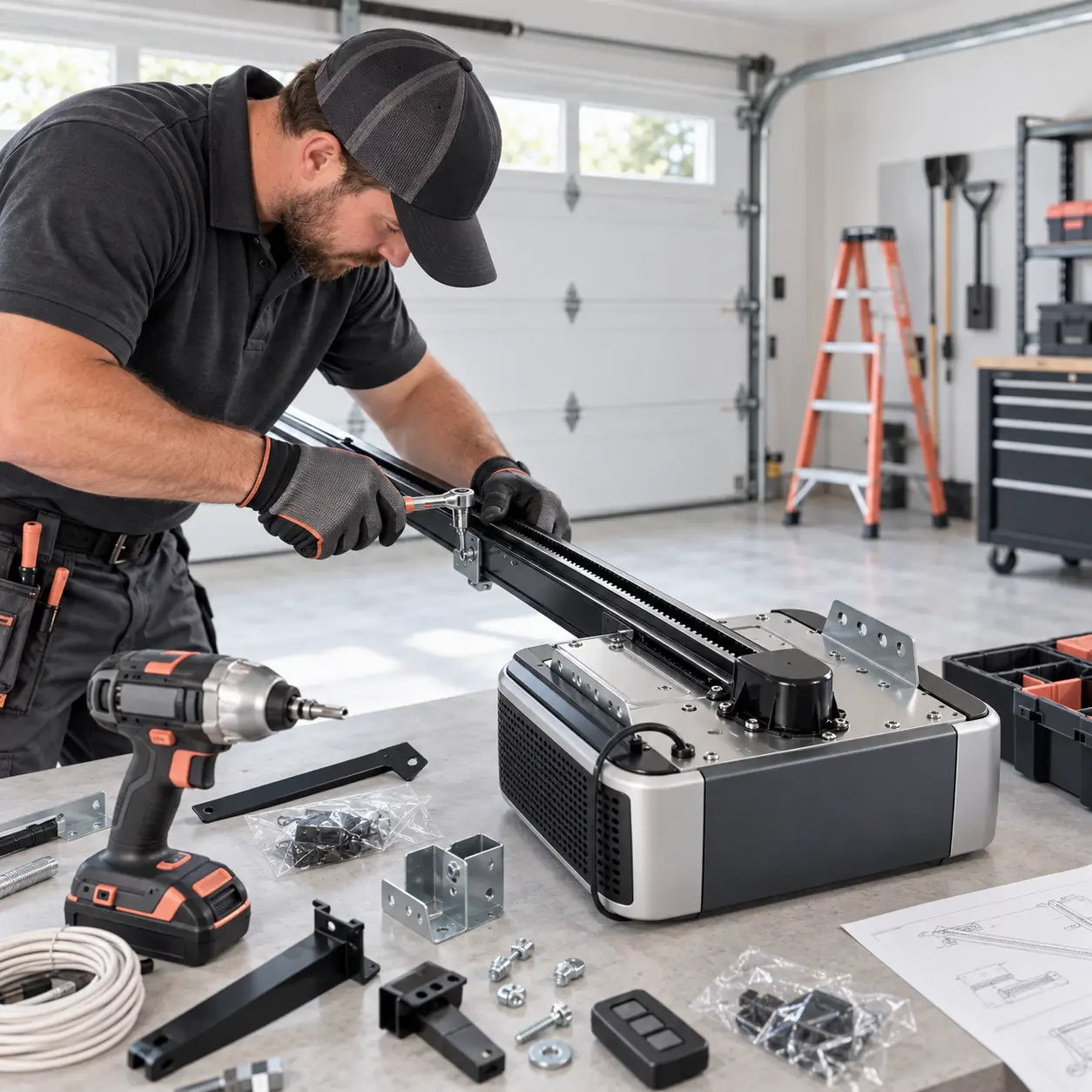Garage door opener motor rail and drive system connected to a spring counterbalanced door