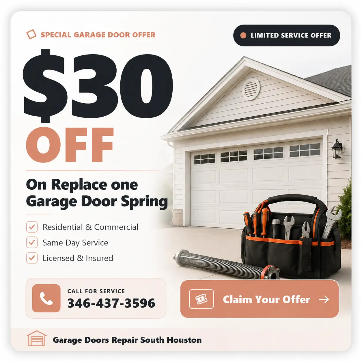 $30 off replacement of one garage door spring coupon from Garage Doors Repair South Houston